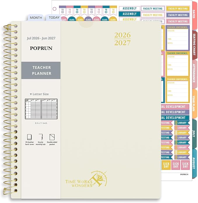 POPRUN Teacher Planner 2026-2027, 8.5" x 11", Academic Lesson Plan Book for Teachers (July 26-June 27) Weekly and Monthly with Gradebook, 2-Sided Pocket, Flexible PP Cover for Classroom, Beige