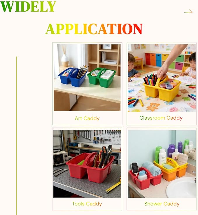 RAUVOLFIA Set of 6 Classroom Caddy, Small Plastic Storage Caddy with Handle for Classrooms, Kids Room and Office Organization, 3 Compartment (Rainbow)