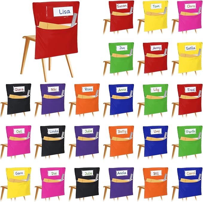 24 PCS Chair Pockets for Classroom 20 x 17 Inch Colorful Large Chairback Storage Pockets for Classroom Students with Name Tag Classroom Organizer for Keeping School Table Organized
