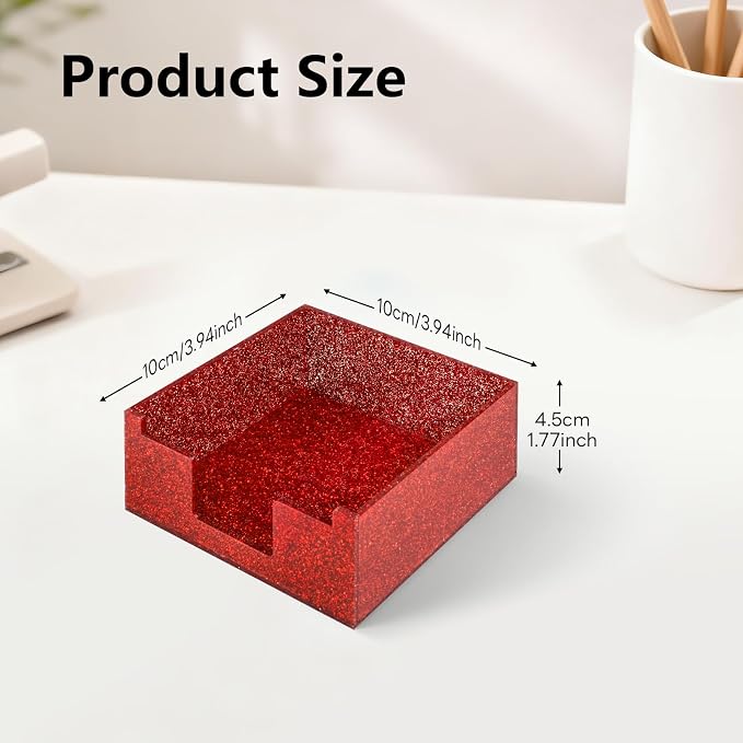 Red Sparkling Sticky Note Holder, Glitter Acrylic Organizer, 3.94 x 3.94 in Multi-Use Tray for Office, School & Home Desk