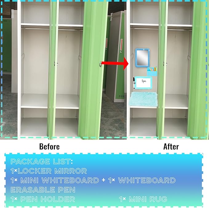 S-SNAIL-OO Locker Accessories Kit, Magnetic 57" Mirror Whiteboard With Marker & 12" Mini Rug, Blue Organizer for Girls School Office Gym Accessories Coat Lockers