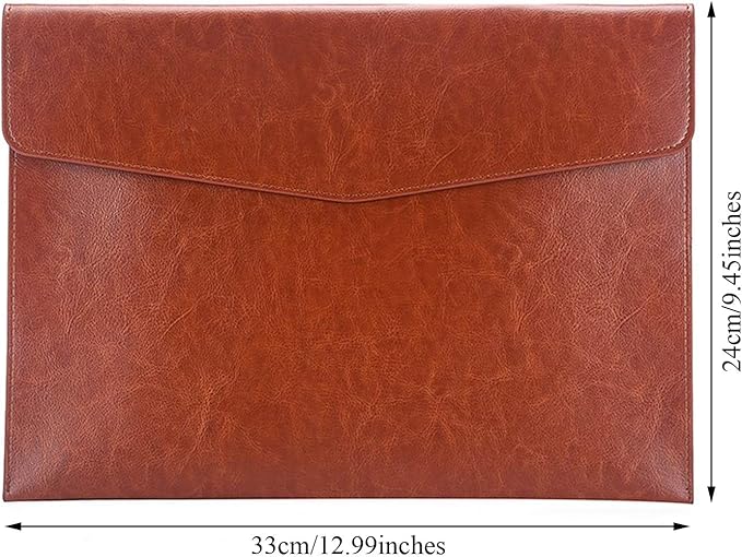 PU Leather A4 File Folder Document Holder Envelope Folder Case with Snap Closure for Receipt Contract Brown