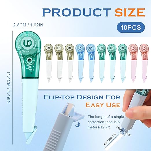 10 Pcs Correction Tape for Instant Error Fixing, Easy-to-Use Pen-Style Applicator, 1/5 Inch x 236 Inches, Aesthetic Office & School Supplies
