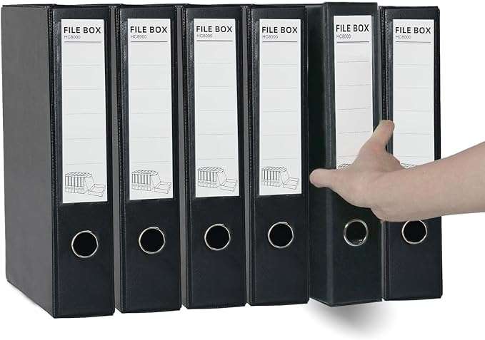 6 Pack Foldable A4 Box Files,Plastic Archive Folders,65mm Spine, Document Box for Office（Black）