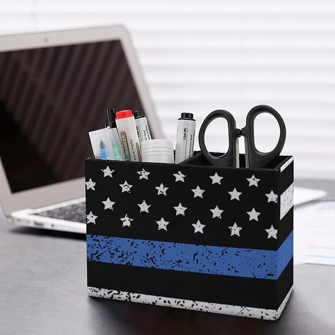 Office Storage Pen Holder Thin Blue Line Retro American Flag Police Pattern Black, Decoration Office Desk Square Pens Pencils Holder, Pencil Desk Organizer in PU Leather, Pencil Container