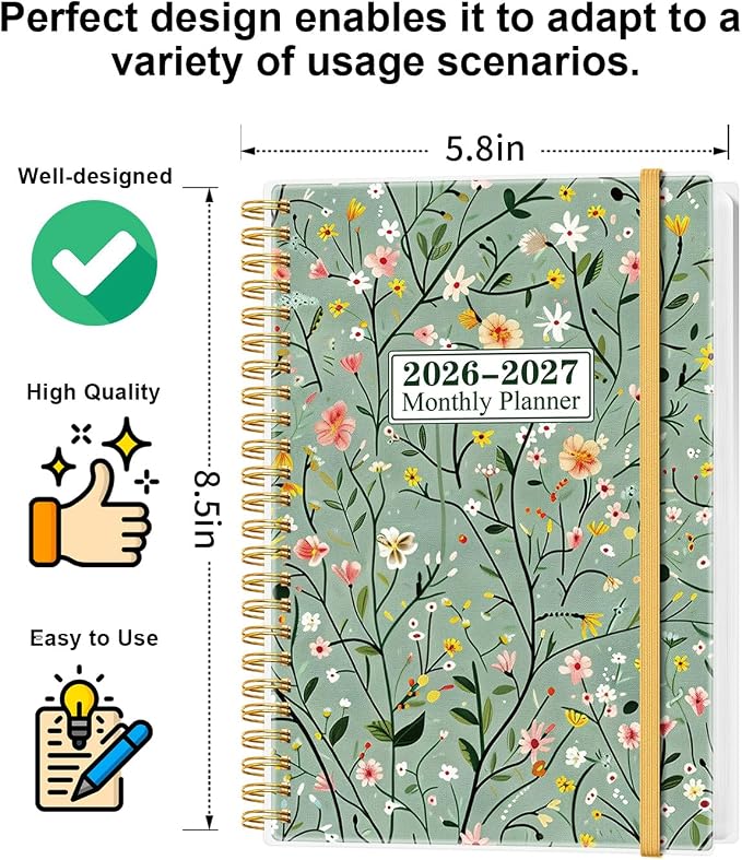 Monthly Planner 2026-2027 – Monthly Calendar from May 2026 to December 2027, 20 Month Planner with Spiral Binding, Inner Pocket, Elastic Closure, 5.8" x 8.5", Flower-B