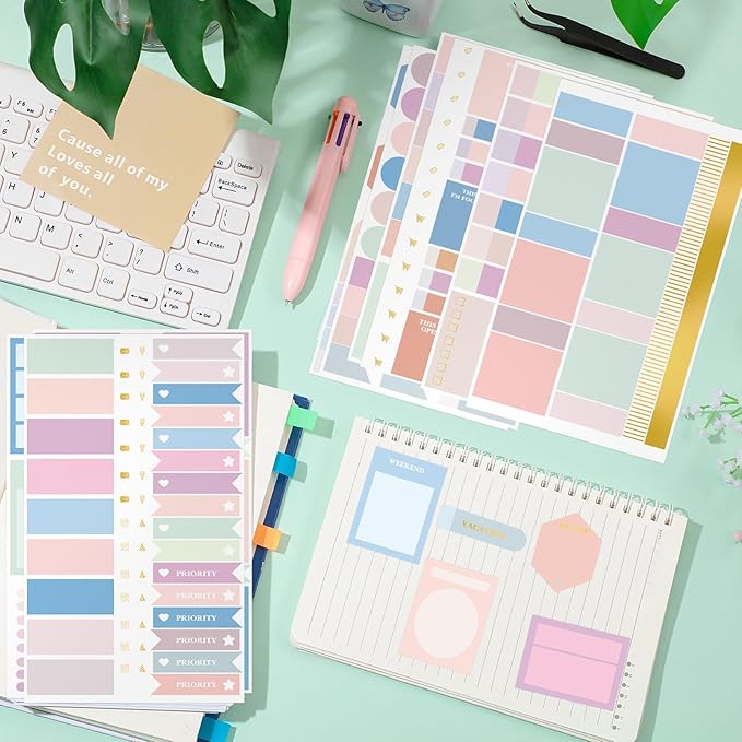 24 Sheets Pastel Functional Planner Stickers with Elbow Tweezer Mixed Metallic Functional and Elegant Stickers for Planners Notebooks Budgeting(Cute Color)