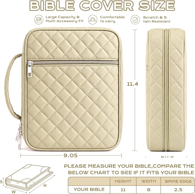 XKDOUS Quilted Bible Cover Case with Bible Study Accessories Kit, Waterproof Large Capacity Bible Bag for Women, Portable for Church Study, Multiple Morandi Color Options (Oat Beige)
