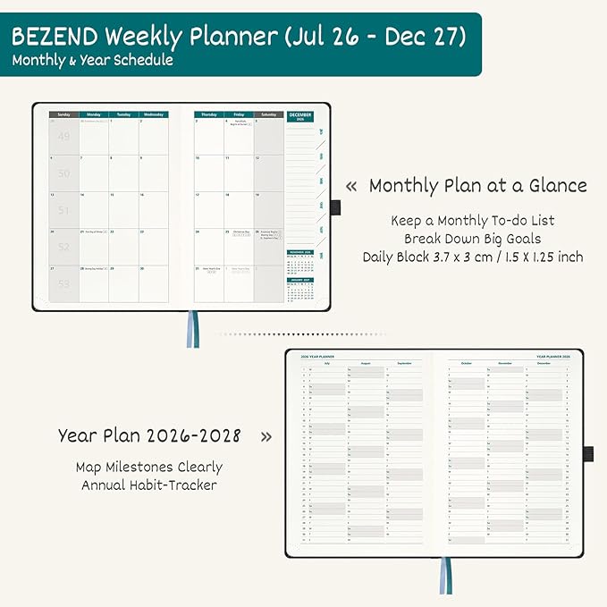 BEZEND Weekly Planner 2026-2027 (6" x 8.5") 2-Column Dual Schedule for Work/School/Home or 2 Person (Jul 26-Dec 27) 18 Months Academic Calendar with Tabs, PU Leather Hardcover -Beige