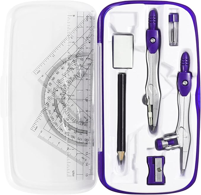 Vobou Math Geometry Kit Sets 10 Piece Student Supplies with Shatterproof Storage Box,Includes Rulers,Protractor,Compass,Eraser,Pencil Sharpener,Lead Refills,Pencil,for Drafting（Purple）