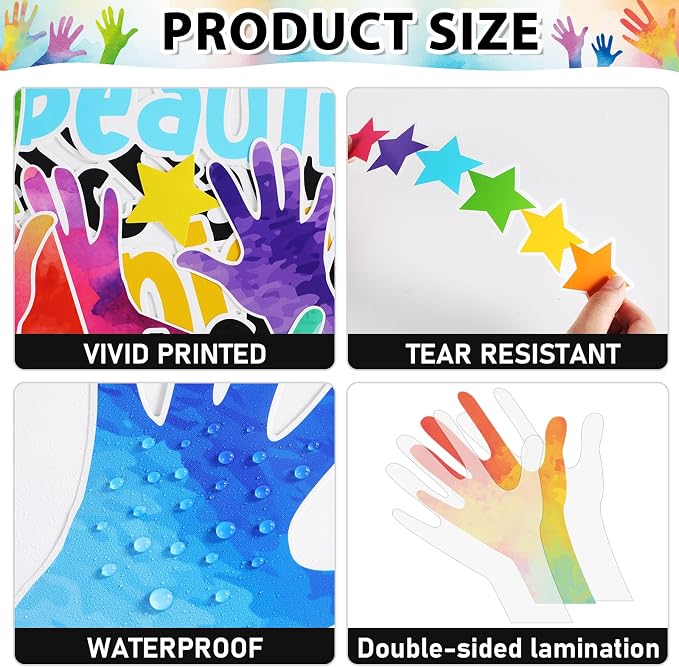 We are Each Unique Bulletin Board Set Summer Colorful Handprint Themed Classroom Decoration Back to School Bulletin Board Motivational Handprint Cutouts for Kindergarten School Chalkboard Wall Decor