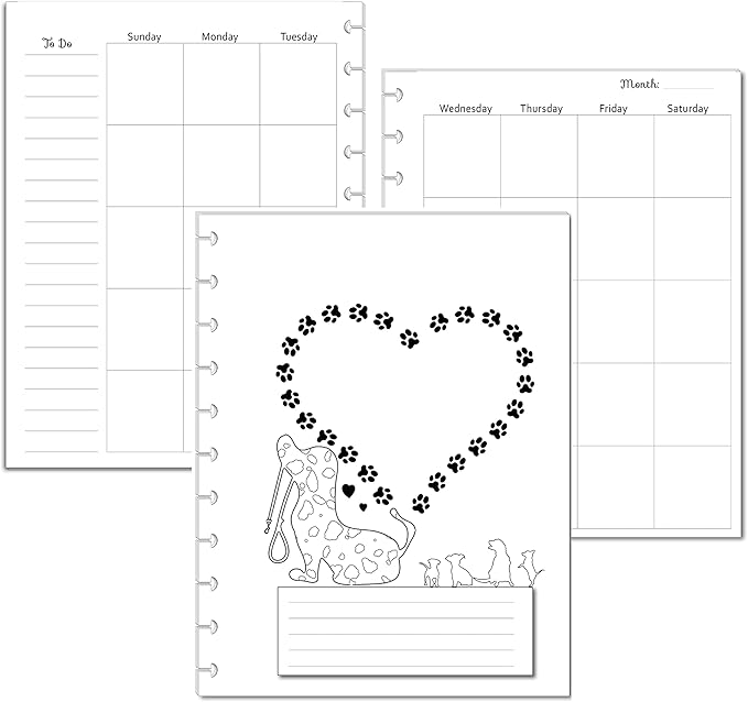 Undated Monthly Calendar Refills for Letter, Junior, Classic, Skinny, Mini size Discbound Planners Fİtts Happy Planners Levenger Circa TUL Staples Arc Notebook Office (11-Disc, 8.5"x11", Dog)
