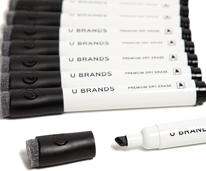 U Brands Dry Erase Markers, Fine Tip Whiteboard Markers, Chisel Tip, Low Odor, Black Dry Erase Marker Set with Eraser Caps, Office School Classroom Supplies, 12 Count