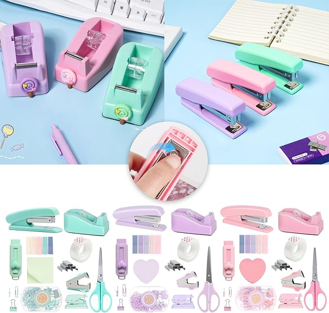 Office Supplies Set Pink 13 Pcs with Rotating Pen Holder Stapler Tape Dispenser Scissors Ruler Clips Kit for Desk Organization School Home Workplace Accessories and Employee Gifts (Pink)