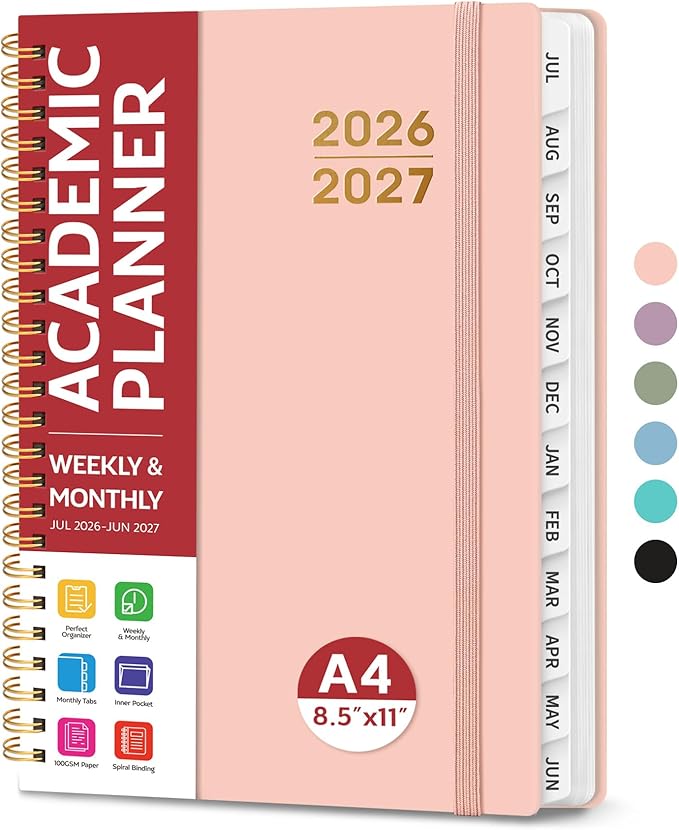 Planner 2026-2027 for Women & Men, Academic Monthly and Weekly Calendar Planner, Jul 2026 - Jun 2027, A4 (8.5" x 11"), Teacher Student Planning Book with Tabs, Ideal for Office School Supplies - Pink