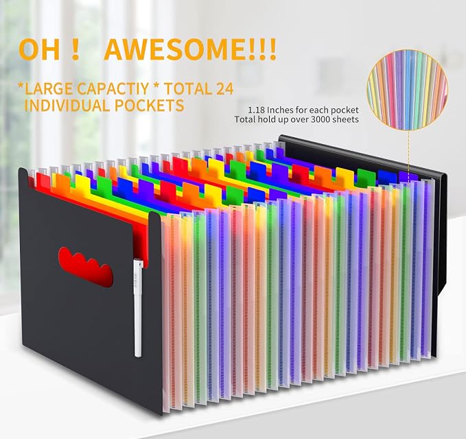 Expanding File Folders Accordion File Organizer,24 Pockets Accordian Document Folder Letter Size,Expandable Filing Boxes,Bill,Receipt Paper and Documents Organizer with Tabs,Light-Duty,for Portable