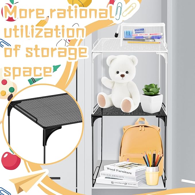 Demonwer 2 Pcs Locker Organizer Shelf Black and White Stackable Extra Locker Shelf Storage Cabinet Accessories for School Office Home Gym Supplies