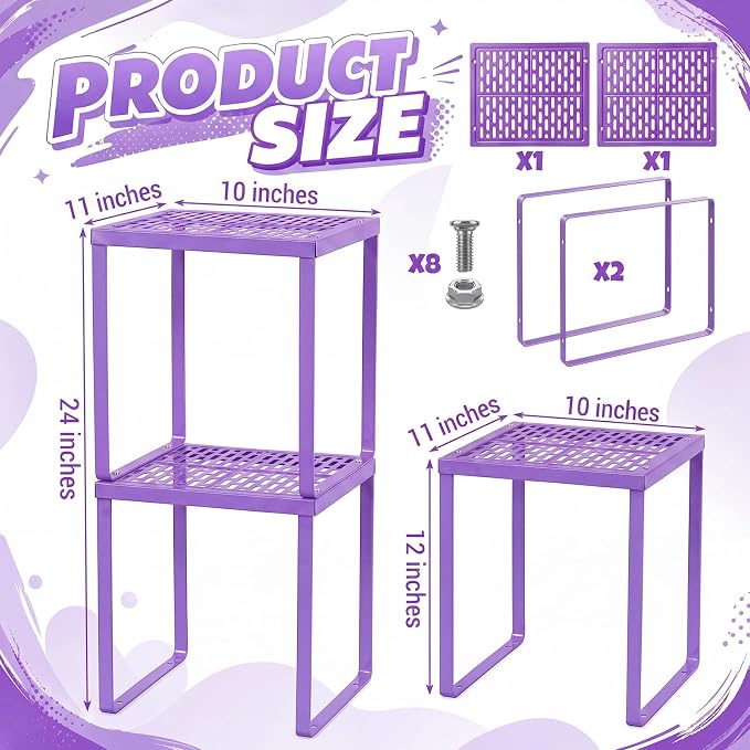 Colarr 2 Pcs Locker Organizer Shelf Stackable 2-Tier Shelves Fits Standard Size School Lockers Heavy Duty Metal Locker Shelf for School Office Gym Lockers Home Storage 11x 10 x 12 Inch(Purple)