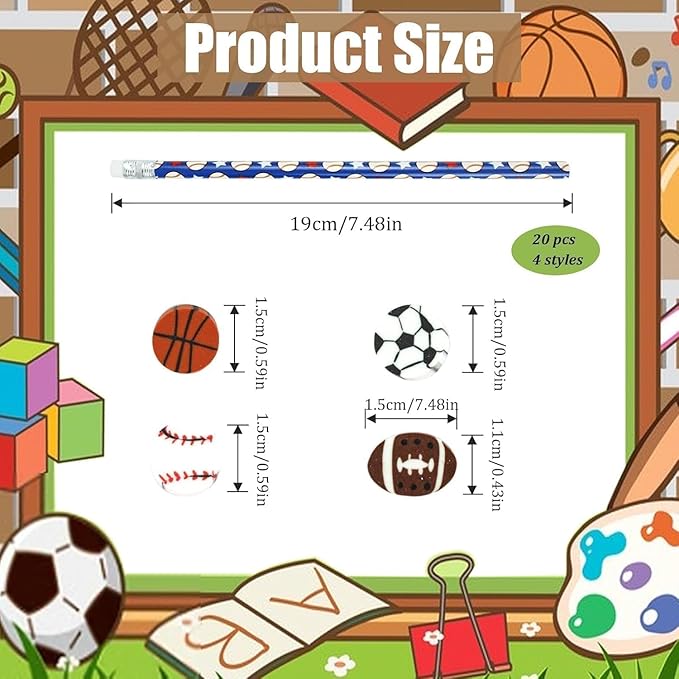 20 Pieces Sport Pencils 20 Pcs Sports Ball Erasers Sets Football Pencils Sports Themed Teachers School Stationery Class Reward