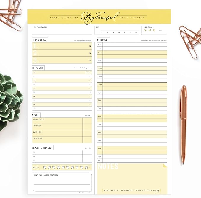 Daily Notepad Planner To Do Schedule - Stay Focused 50 Tear off Premium Made USA (Yellow Mango)