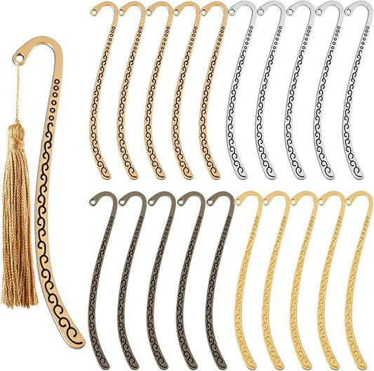 20 Pack Beadable Bookmarks, Metal Bookmarks, Carved Hook Bookmark with Hole for Beading, Tassel, DIY Decoration, Hairpin Hook, Bookmark Charms