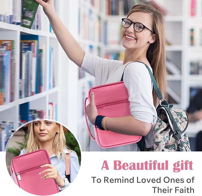 Small Bible Cover Case for Women and Men, 9x6 PU Leather Bible Sleeve, Compact Travel Bible Carrier Bag with Front Pen Holders, Zipper Closure, Inner Pockets - Hot Pink