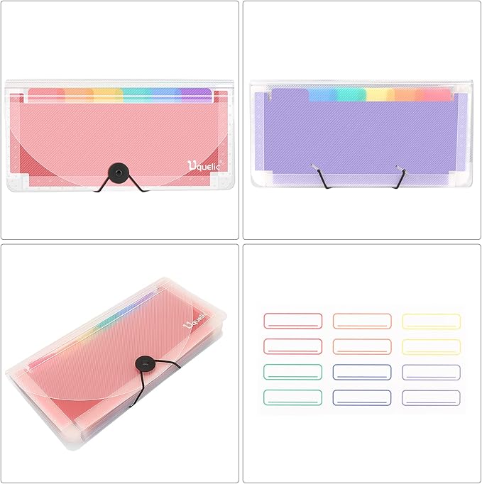 Uquelic 2 Pack File Organizer Stand -13 Pockets Expanding Coupons File Folder Organizer Storage, Rainbow Large Capacity Coupon Organizer with Label, Business Check Binder (Double Clear)