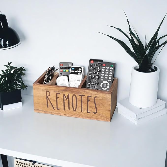 LBEMEY Acacia Wood Remote Control Holder, TV Remote Holder, Remote Organizer for Table,Home,Living room, bedroom for Wooden Remote Box (Brown, L,for 5+ Remote Controls)