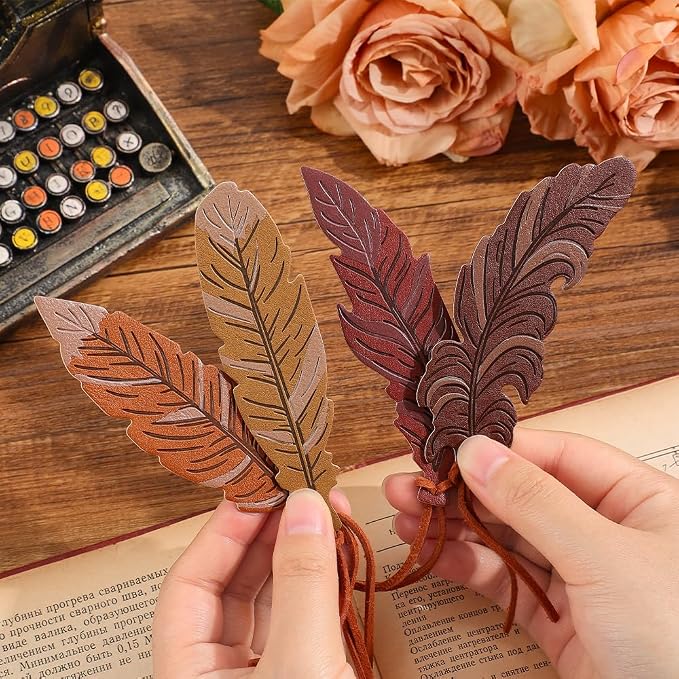 icceemee 4pcs Leather Feather Bookmarks with Bookmarks for Women, Writers, Readers Durable Book Markers Book Accessories Unique Gifts for Men, Women
