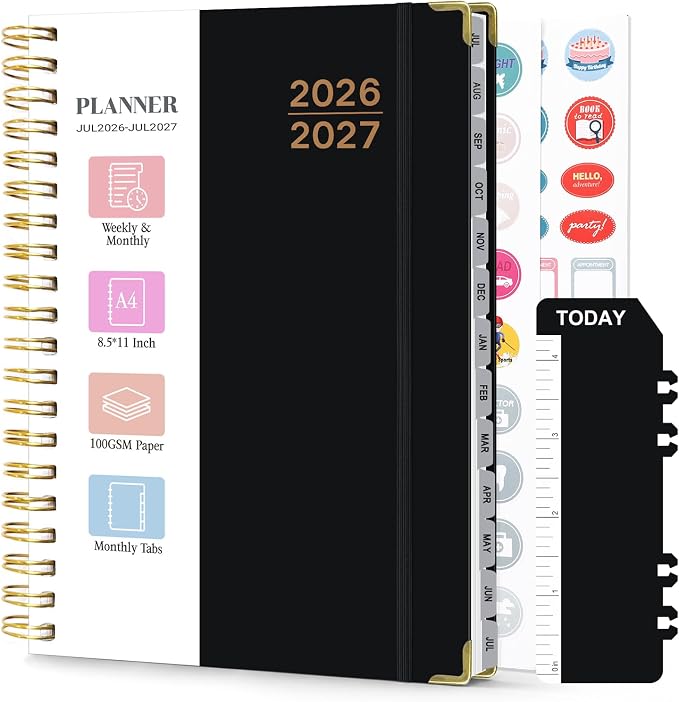 Planner 2026-2027, Weekly and Monthly Academic Planner, Jul 2026 - Jul 2027, 8.5"x11" Large Hardcover Daily Planner Calendar with Tabs for Women, Year Planning Agenda for Teacher and Student (Black)