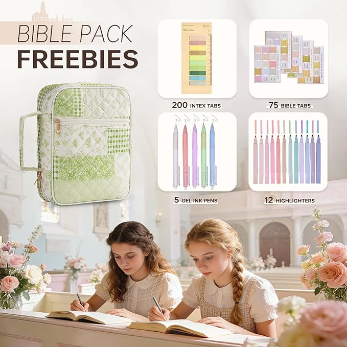 Bible Cover Case for Women Large Bible Cover Bag Quilted Bible Carrying Case for Girls Bible Study Supplies Accessories Christian Gifts for Women (Green Leaf, Large)