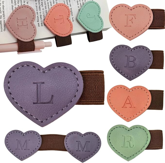 Personalized Magnetic Leather Heart Bookmark with Pen Holder - 26 Letters Custom Book Mark Notebook Pencil Loop with Initial Book Marker for Readers, Book Lovers- Gifts for Women Men(Purple,L)