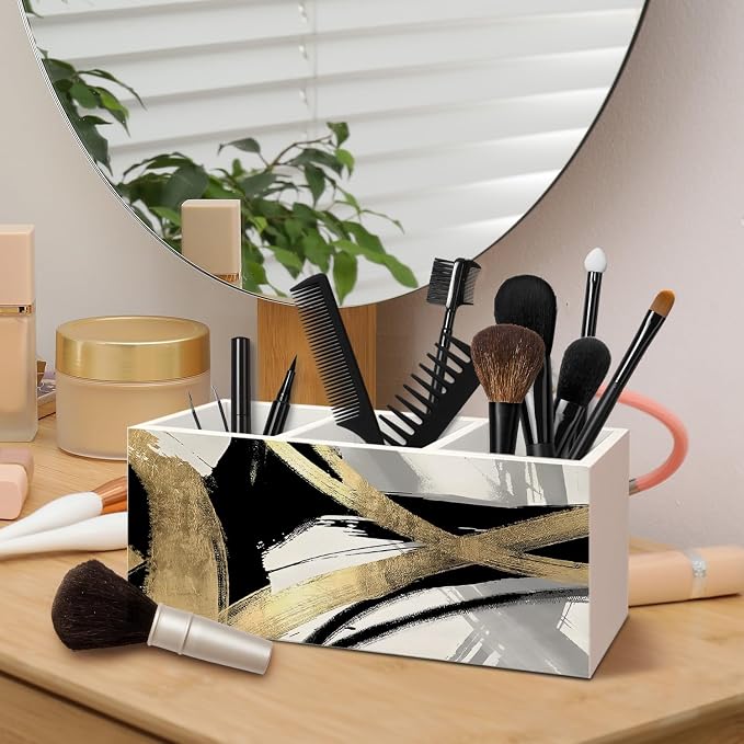 Black White and Gold Pen Pencil Holder for Boho Modern Desk Decor, Abstract Black and Gold Mid Century Modern Wooden Box Decorative Sign for Home Office Desk Tabletop Decor