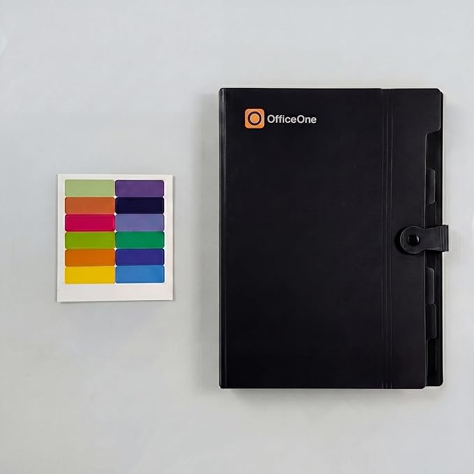 OfficeOne 8-Pocket Expanding File Folder, A4 Letter Size Accordion Document Organizer with Snap Closure, Labeled Tabs & Customizable Color-Coding Stickers, Home Office School (Jet Black)