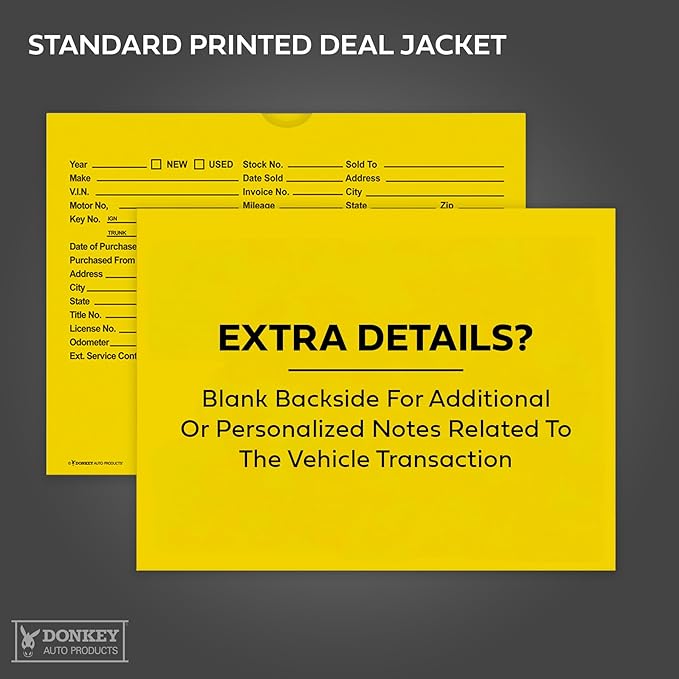 Printed Vehicle Deal Envelopes 9x12 Deal Jackets (100 shrink wrapped) (Yellow)