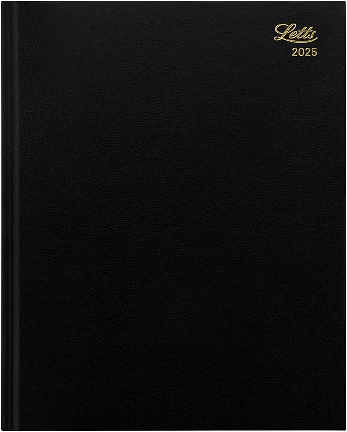 Letts of London Standard Quarto Day to a Page Planner in Leather-Look Hard Cover, 10.25-inch Length, Black, Office and School Supplies