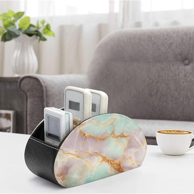 Pink Mint Lemon Marble Texture Remote Control Holder with 5 Compartments Leather TV Remote Caddy Remote Storage Box Desktop Organizer for Pen/TV Remotes/Media Controllers/Office Supplies