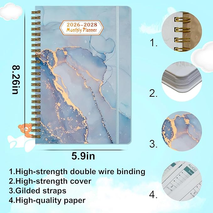 2026-2028 Monthly Planner/Calendar - 3 Year Monthly Planner 2026-2028, January 2026 - December 2028, Academic Weekly Organizer with Twin-Wire Binding for Students and Teachers(Grey Marble)