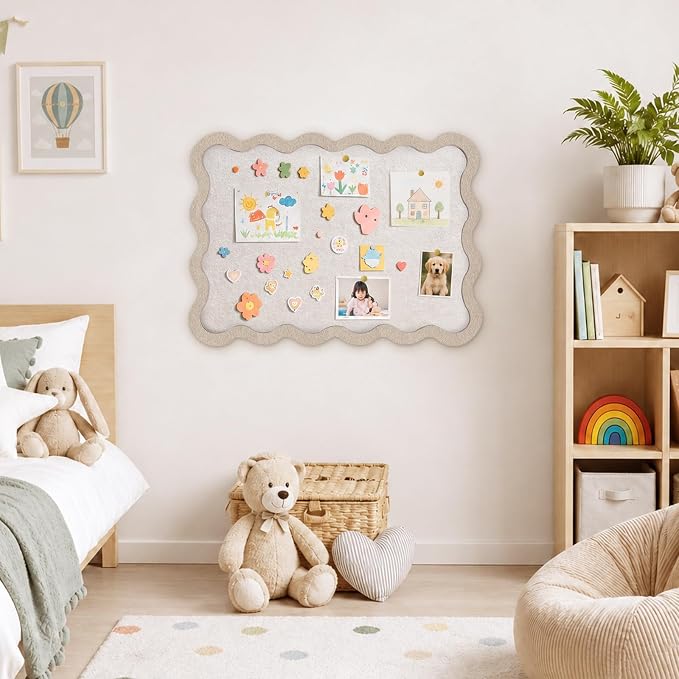 Scalloped Felt Bulletin Board, Sized 24" x 18" Felt Cork Board Alternative for Office & Wall Decor, Customizable Adhesive Tiles with Pins Hooks for Photo Display School Home Office, Oatmeal