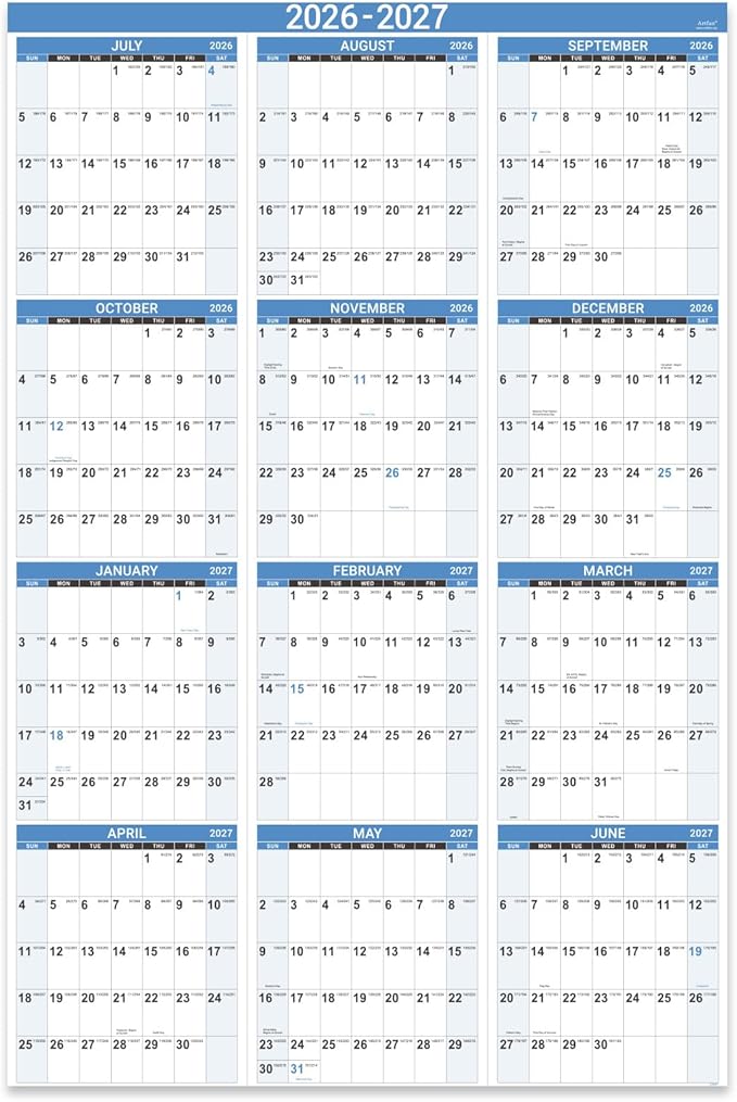 2026-2027 Wall Calendar - 2026-2027 Yearly Wall Calendar, July 2026 - June 2027, Calendar 26-27, 34.8" x 22.8"(Open), One Page Vertical with Round Stickers, Gift Pocket - Haze Blue