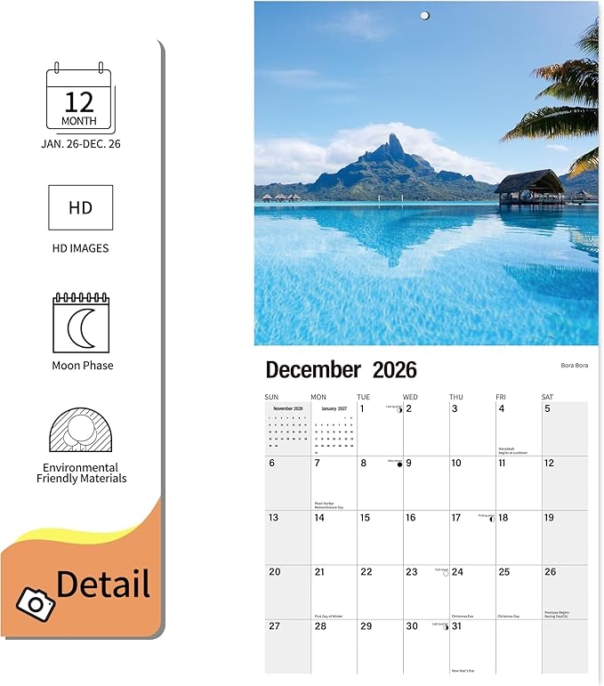 2026 Wall Calendar Planner Calendar - BEACHES Hangable Monthly Wall Calendar with Large Blocks for Organizing & Planning, Academic Schedule, Home, Office & family, Thick & Sturdy Paper (12"x24" Open)