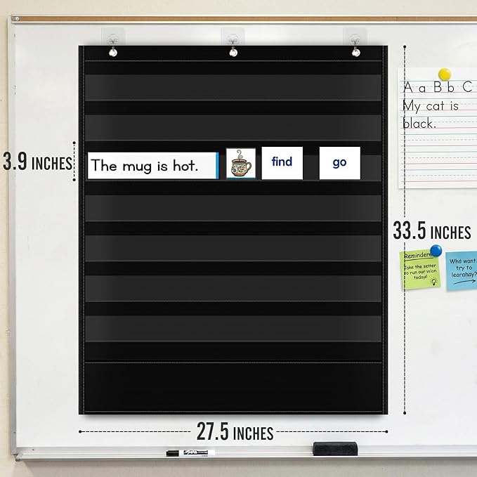 Pocket Chart for Classroom - 7+1 Black Pocket Chart for Alphabet Learning Word Wall Calendar Daily Schedule Sentence Strips Sticker Display, Teacher Supplies for Preschool Kindergarten & Home