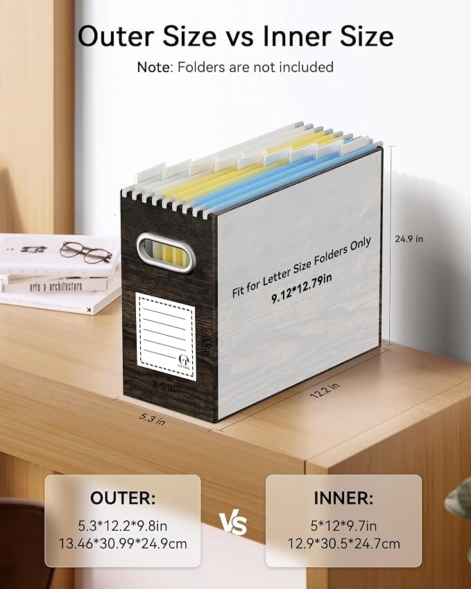 Oterri File Organizer Box, Portable Collapsible Cardboard File Folder Organizer with Handle for Letter Size Hanging Files,for Home Office & Classroom (2 Packs, Brown Wood Grain Print)