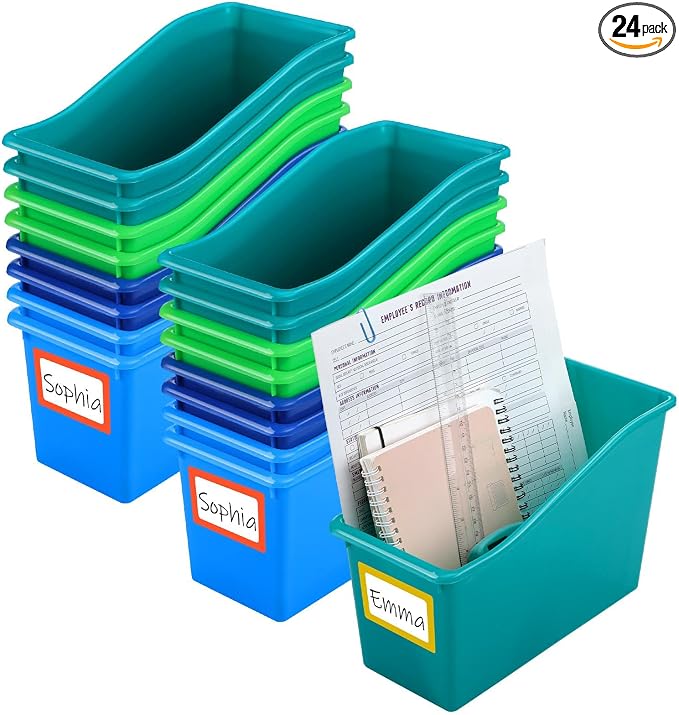 Jinei 24 Pack Fresh Riverside Color Book Bins for Classroom Bulk Binder Holders with Name Labels Plastic Organization Book Baskets Teacher Storage Boxes for Classroom Home Office