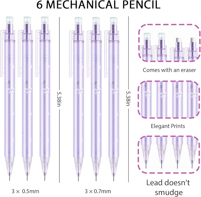 6Pcs Cute Purple Cherry Blossom Mechanical Pencils 0.5mm&0.7mm Mechanical Pencil Kawaii Pencils School Pencil for Students Women Office School Suppies