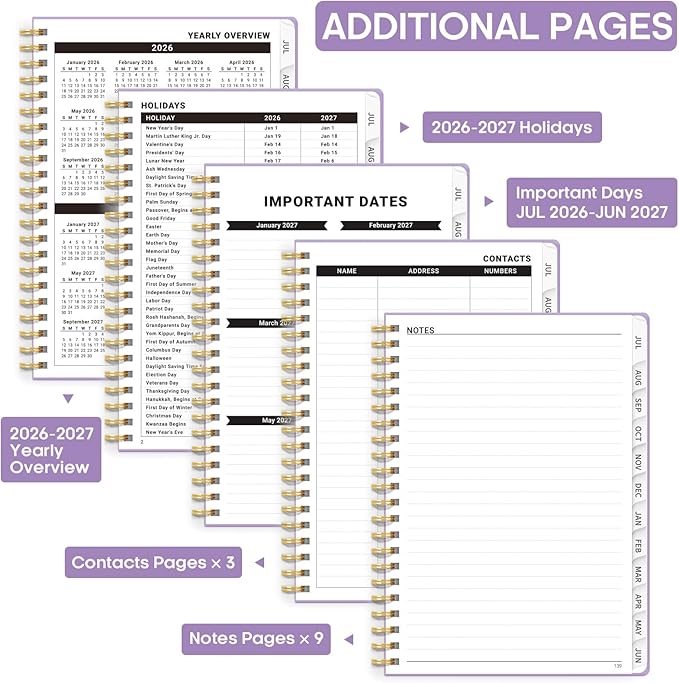 Academic Planner 2026-2027, Weekly and Monthly Calendar Planner Book, July 2026 – June 2027, Hardcover Organizer with Tabs, Perfect for Teachers, Students, Women & Men, A5 (6.4" x 8.5") - Lavender