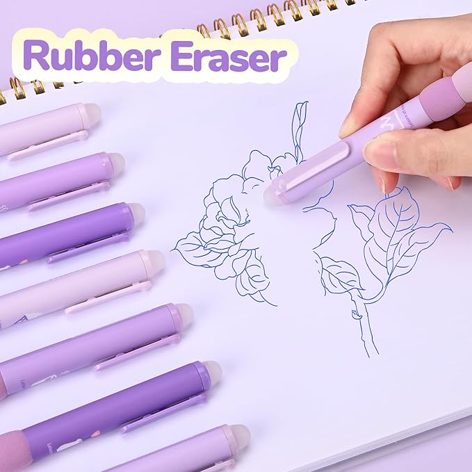 Temiary 18Pcs Aesthetic Retractable Erasable Gel Pens, Make Mistakes Disappear, 8 Pens & 10 Refills, Cartoon Smooth Writing Pen, 0.5 mm Black & Blue Ink Pen, Office School Supplies. (Purple Theme