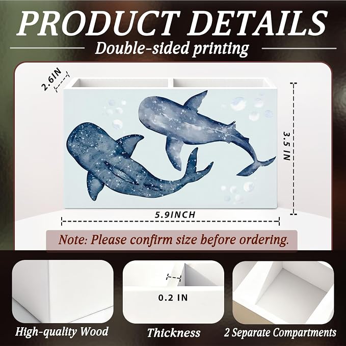 Whale Shark Beach Pen Pencil Holder for Desk Blue Whale Shark Gifts，Coastal Ocean Marine Biology Wooden Box Sign Decorations for Home Office Desk Tabletop，Beach Office Decor,