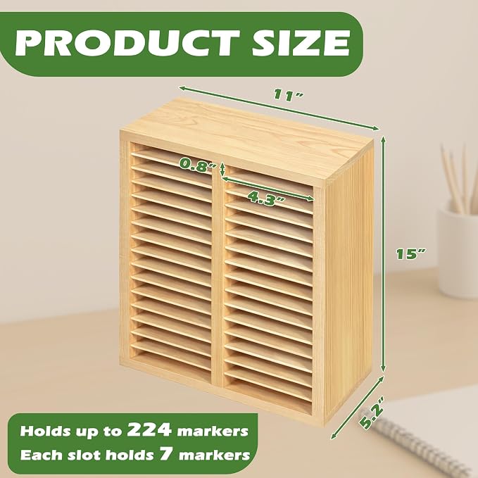 PROLEE Marker Organizer for 224 Markers,Wooden Marker Holder with 32 Slots, Pens Pencils Art Supply Alcohol Markers Storage Organizer for Desk Home Classroom Office Decor(Natural,15“x11”x5.2 “)