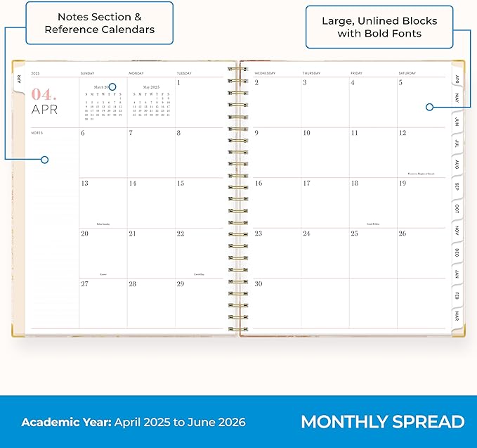 Blue Sky 15 Month 2025-2026 Weekly and Monthly Academic Year Planner Calendar, April 2025 - June 2026, 8.5" x 11", Hard Cover, Wirebound, Laminated Tabs, Storage Pocket, Includes Ruler & Stickers, Henri